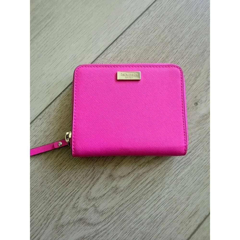 Kate Spade New York Hot Pink Saffiano Leather Small Zip Around Wallet Gold Logo